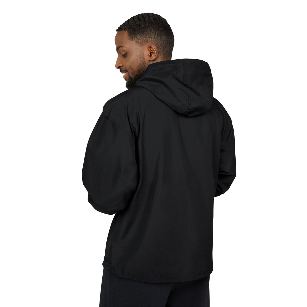 Packable Anorak Jacket — Black Champion Windbreaker with Subtle Chest Graphic
