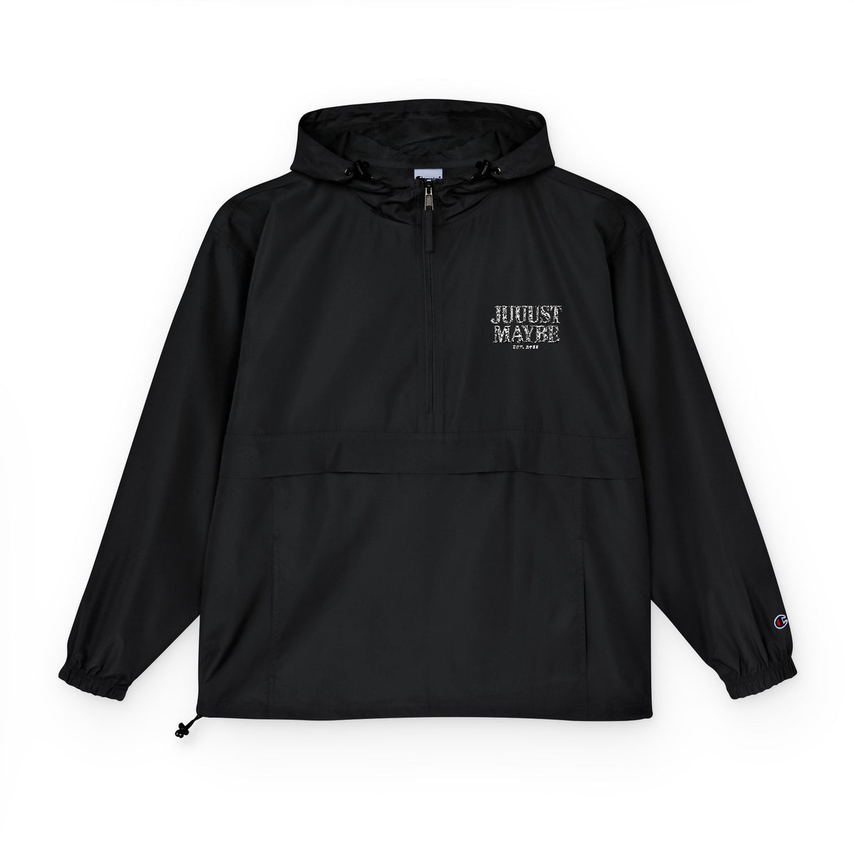 Packable Anorak Jacket — Black Champion Windbreaker with Subtle Chest Graphic