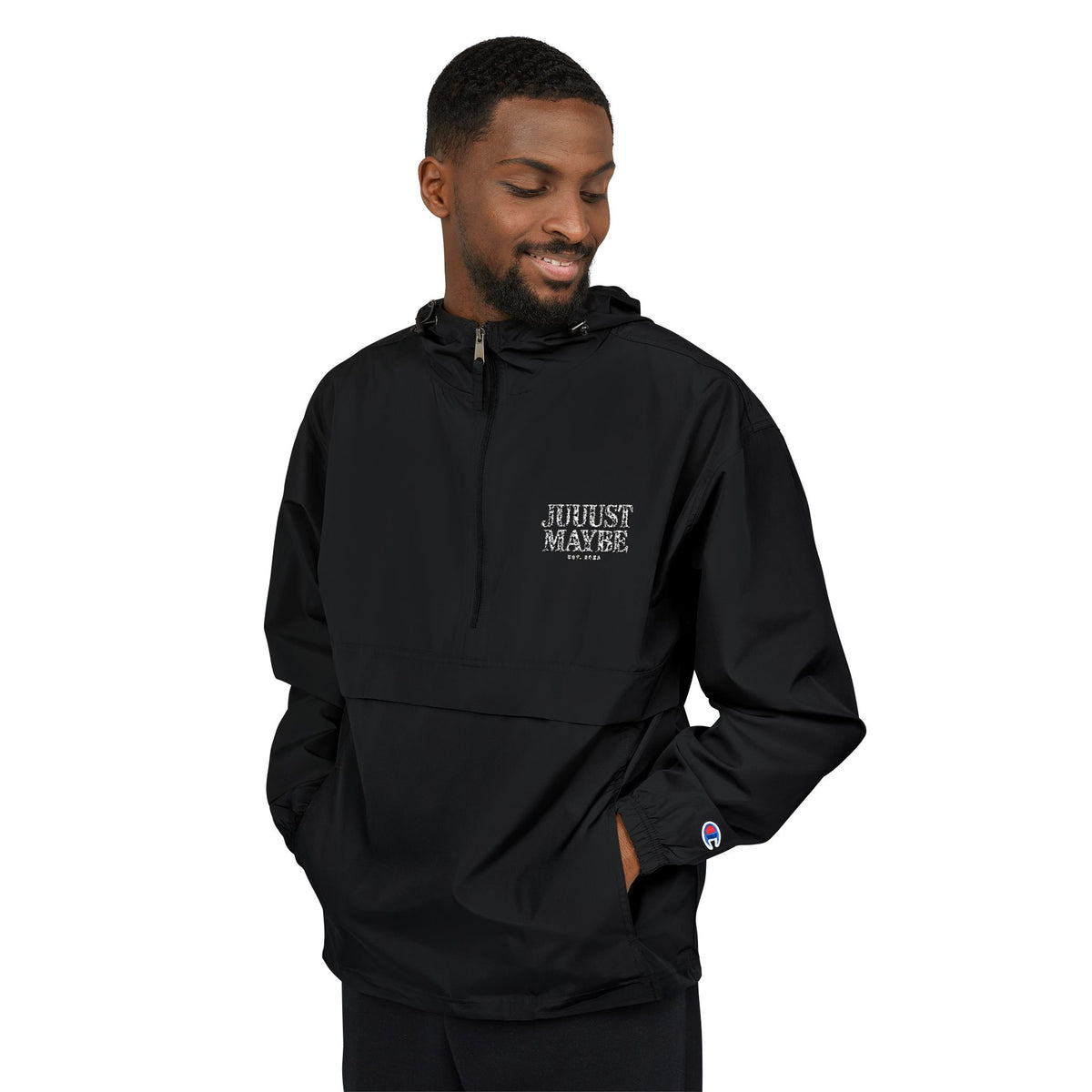 Packable Anorak Jacket — Black Champion Windbreaker with Subtle Chest Graphic